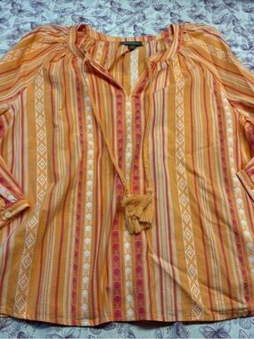 🍄Style & Co. Orange & Pink Striped Peasant Blouse